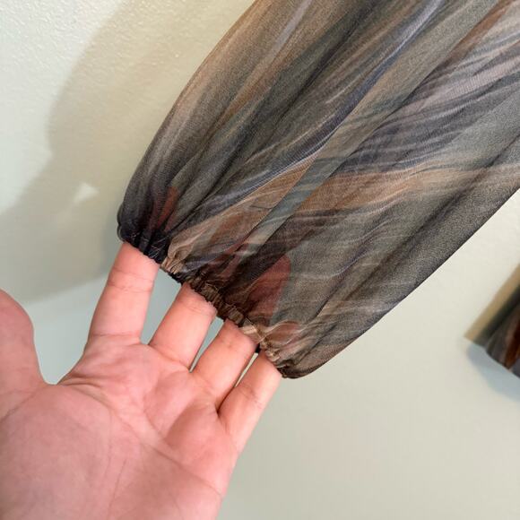 B Altman & Co Blouse 14 Vintage Abstract Tie Neck Long Sleeve Work Career Brown - Picture 6 of 9